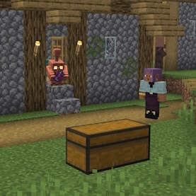 Efe is standing in a Village, watching a Copper Golem carry an Enchanted Book out from one of the houses to a nearby Chest.